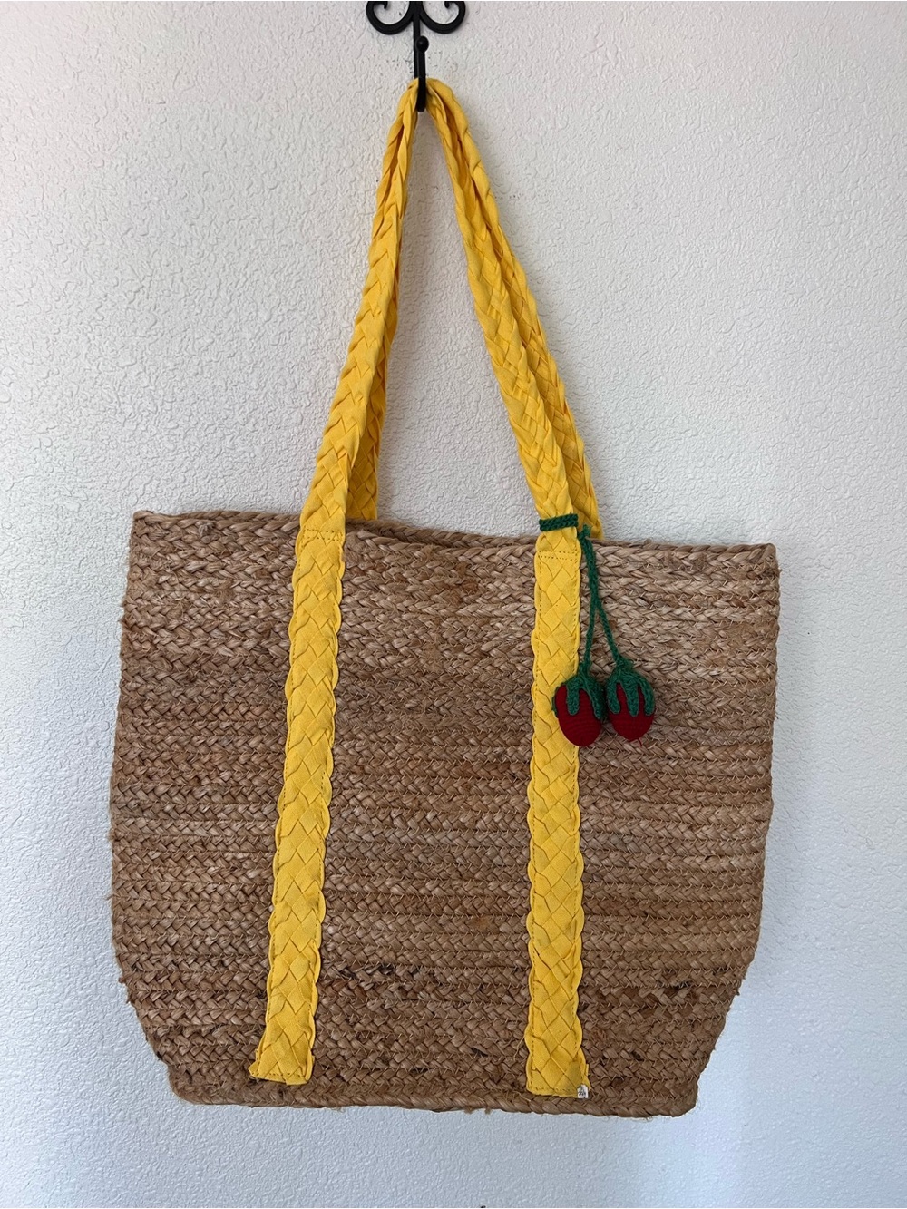 Jute  Beach Tote with Yellow Braided Straps and Cherry Charm